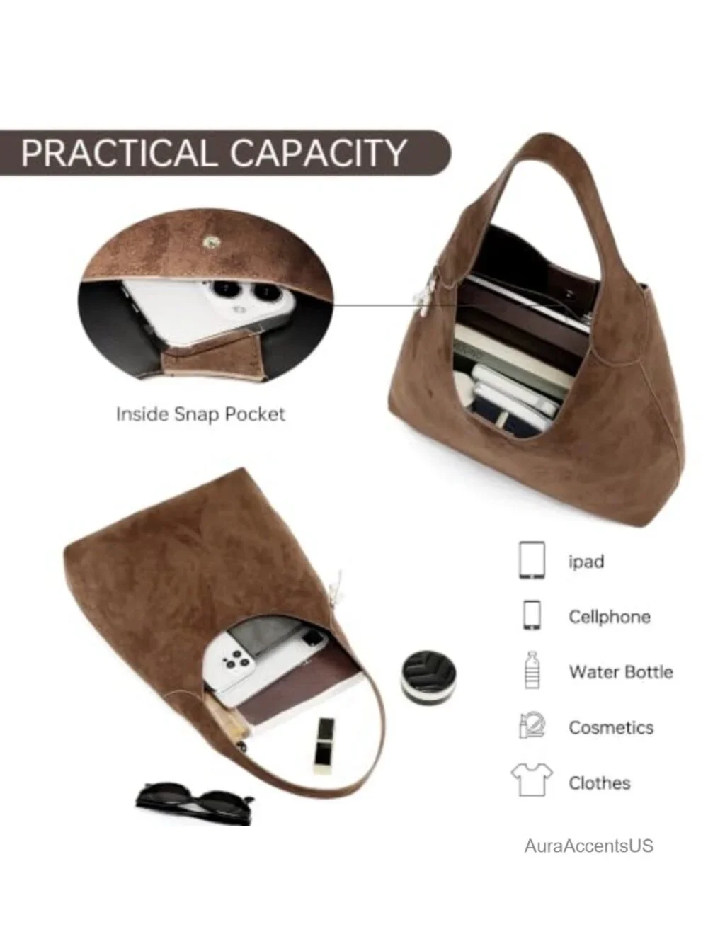 Slouchy Hobo Bag Women Faux Leather Suede Shoulder Tote Travel Handbag